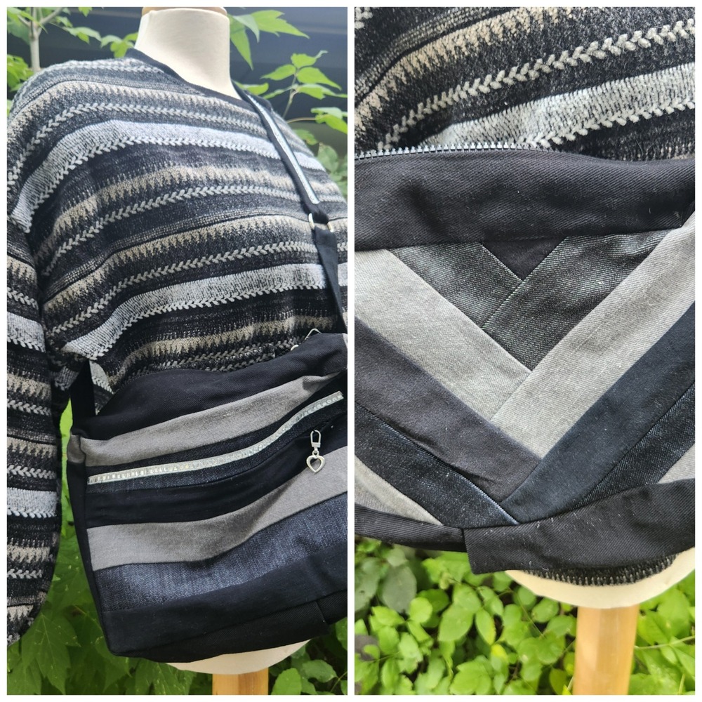 Crossbody y2k style Bag Black Gray Chevron Pattern Striped purse denim handmade‎
